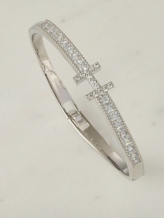 Jewelry - Silver Crystal Cross Pavé Bangle Bracelet - Women's Jewelry